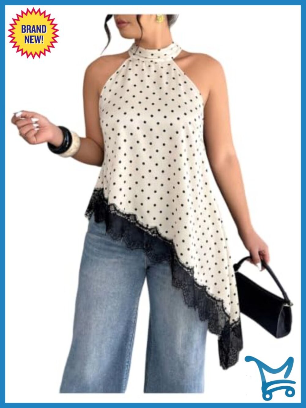 Satin Lace Trim Asymmetrical Halter Top – Plus Size Sleeveless Mock Neck Flowy